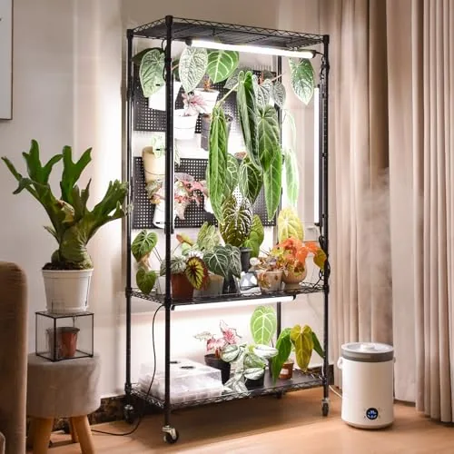 Bstrip 3-Tier Plant Shelf with Grow Lights and Pegboard