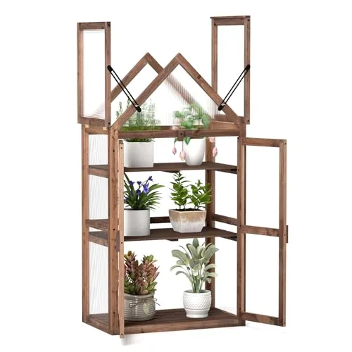 Happygrill Cold Frame Mini Wooden Greenhouse Cabinet