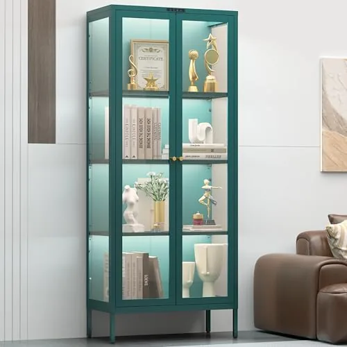 UNICOLY Green Steel Glass Display Cabinet with LED