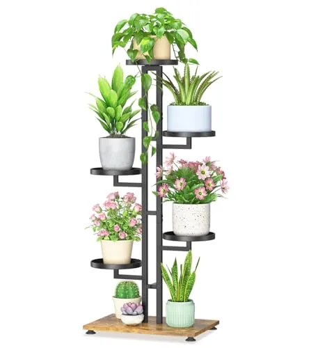 LASZOLA 5-Tier Black Metal Plant Stand Wooden Base