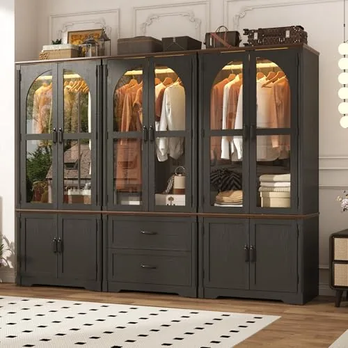Chartustriable 72" Farmhouse Armoire 6-Door Wardrobe with LED
