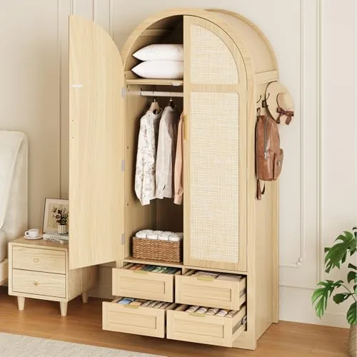 Curlaky Rattan Arched Armoire Wardrobe with 4 Drawers