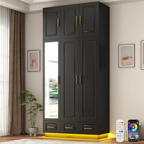 Hlivelood 3-Door Wardrobe Armoire with LED Lights, Black