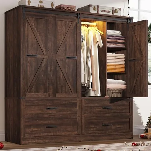 jiteentarou 4-Door Barn Door Armoire with LED Lights